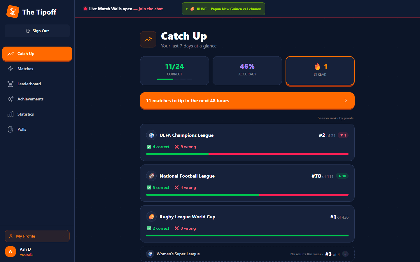 The Tipoff Catch Up screen showing weekly correct and accuracy totals, a matches-to-tip button, and per-sport cards with season rank