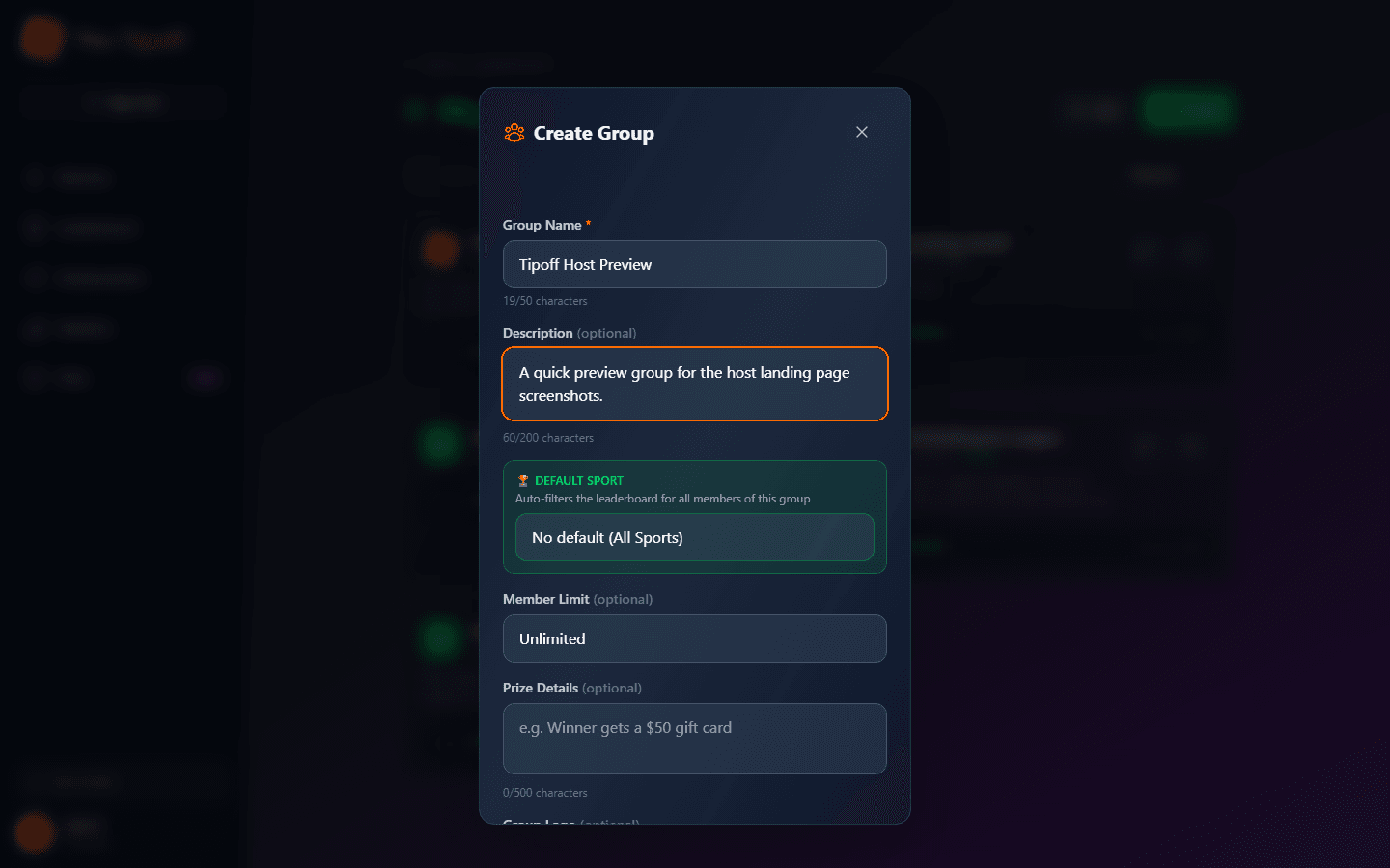 The Tipoff create group form with name, description, default sport, and logo upload fields