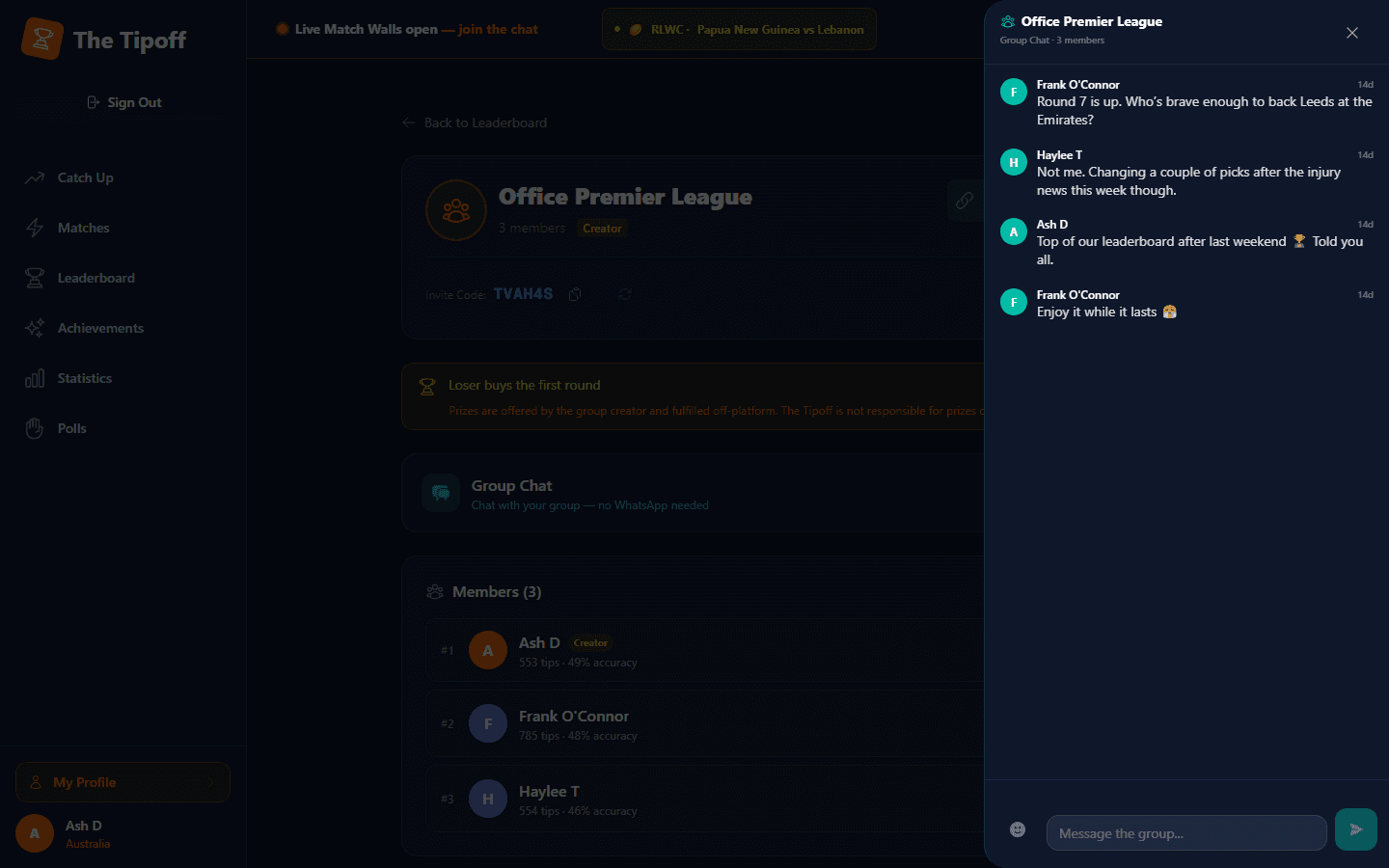 A private group chat for the Office Premier League group, showing members talking about the next round and the group leaderboard