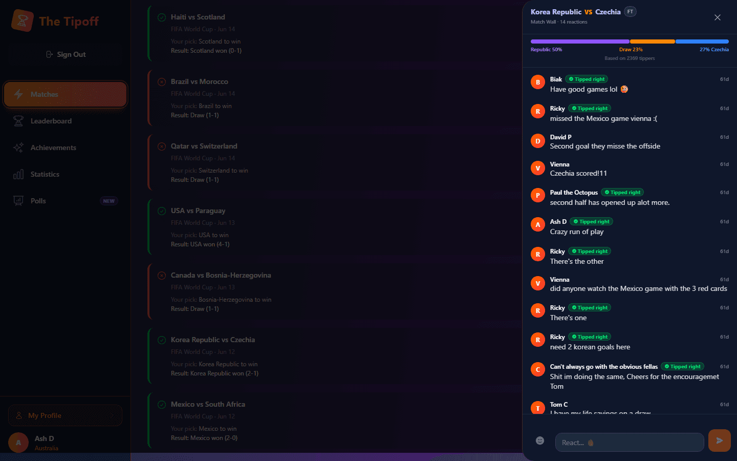 The Tipoff Match Wall showing a live sentiment split and chat feed for an in-progress match