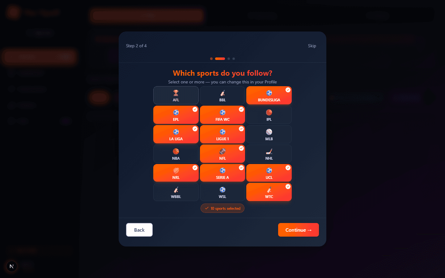 The Tipoff onboarding modal on step 2 of 4, showing a grid of sports with several already selected