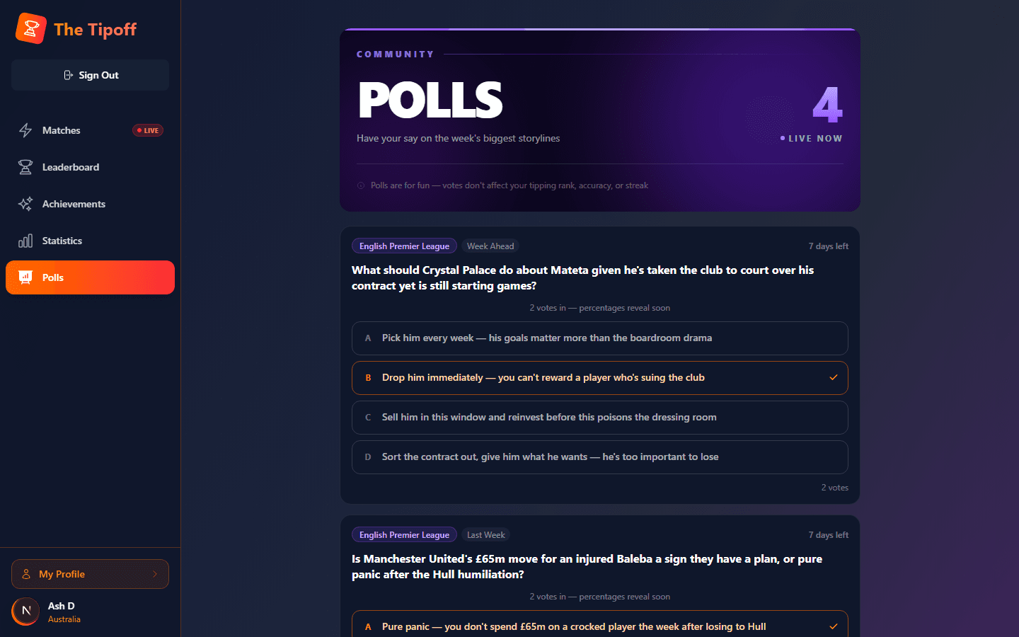 The Tipoff polls feed showing a question, four options, and vote results after voting