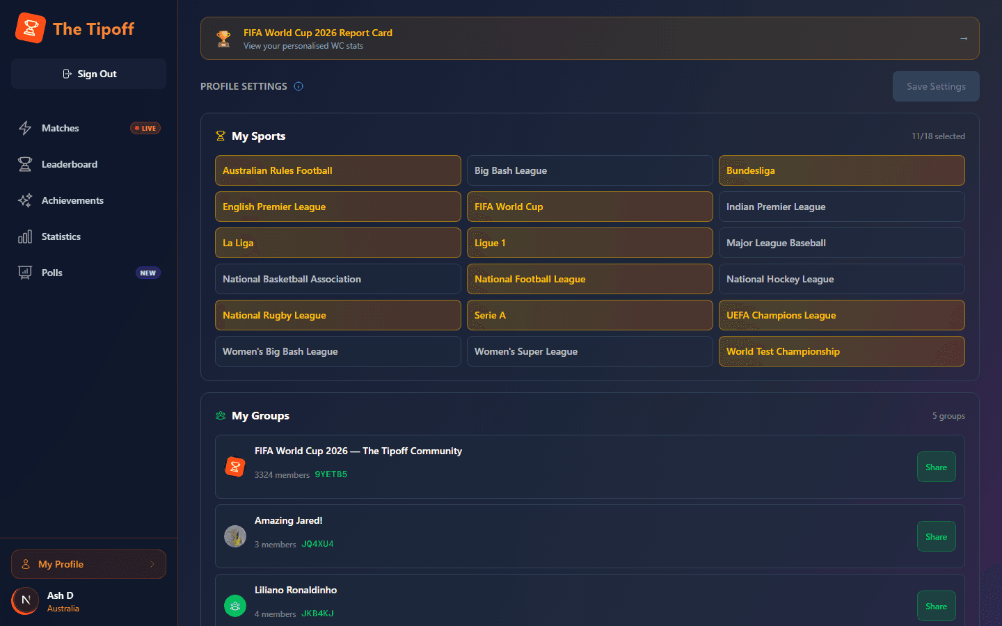 The Tipoff profile page showing favourite sports toggles and a list of joined groups