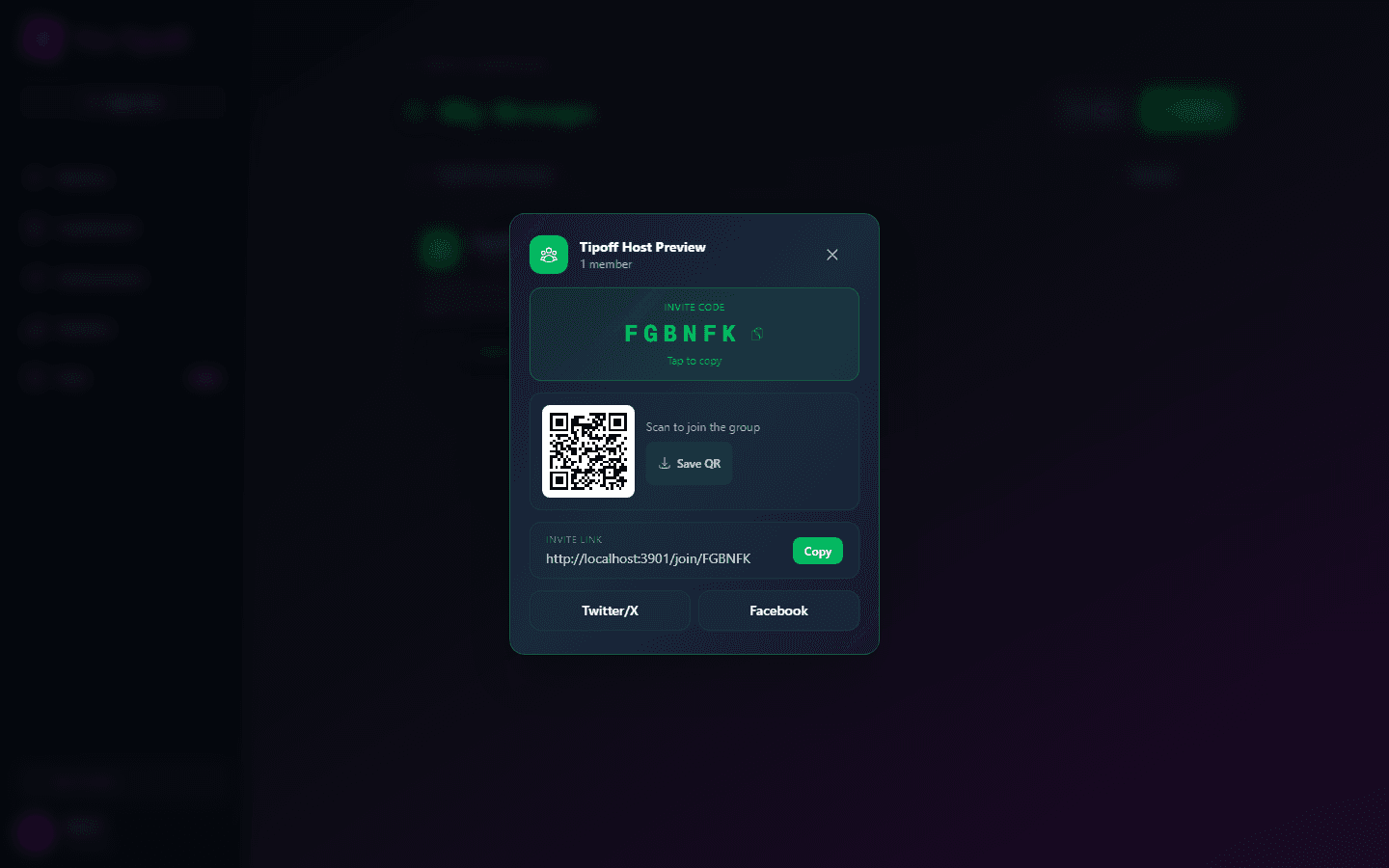 The Tipoff group share screen showing an invite code, QR code, and copyable invite link