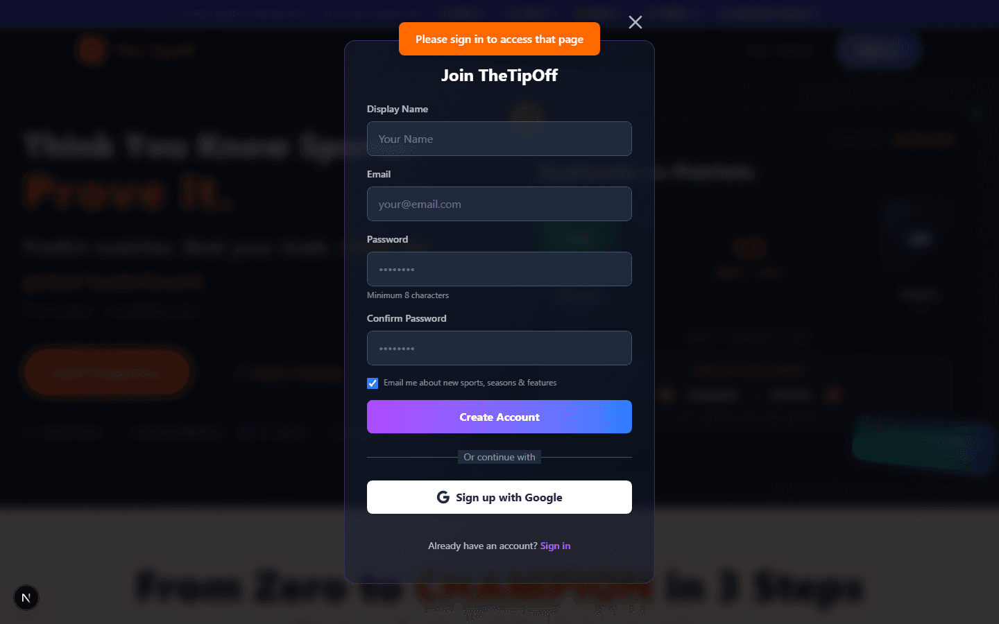 The Tipoff sign-up form with display name, email, and password fields, plus a Google sign-up option