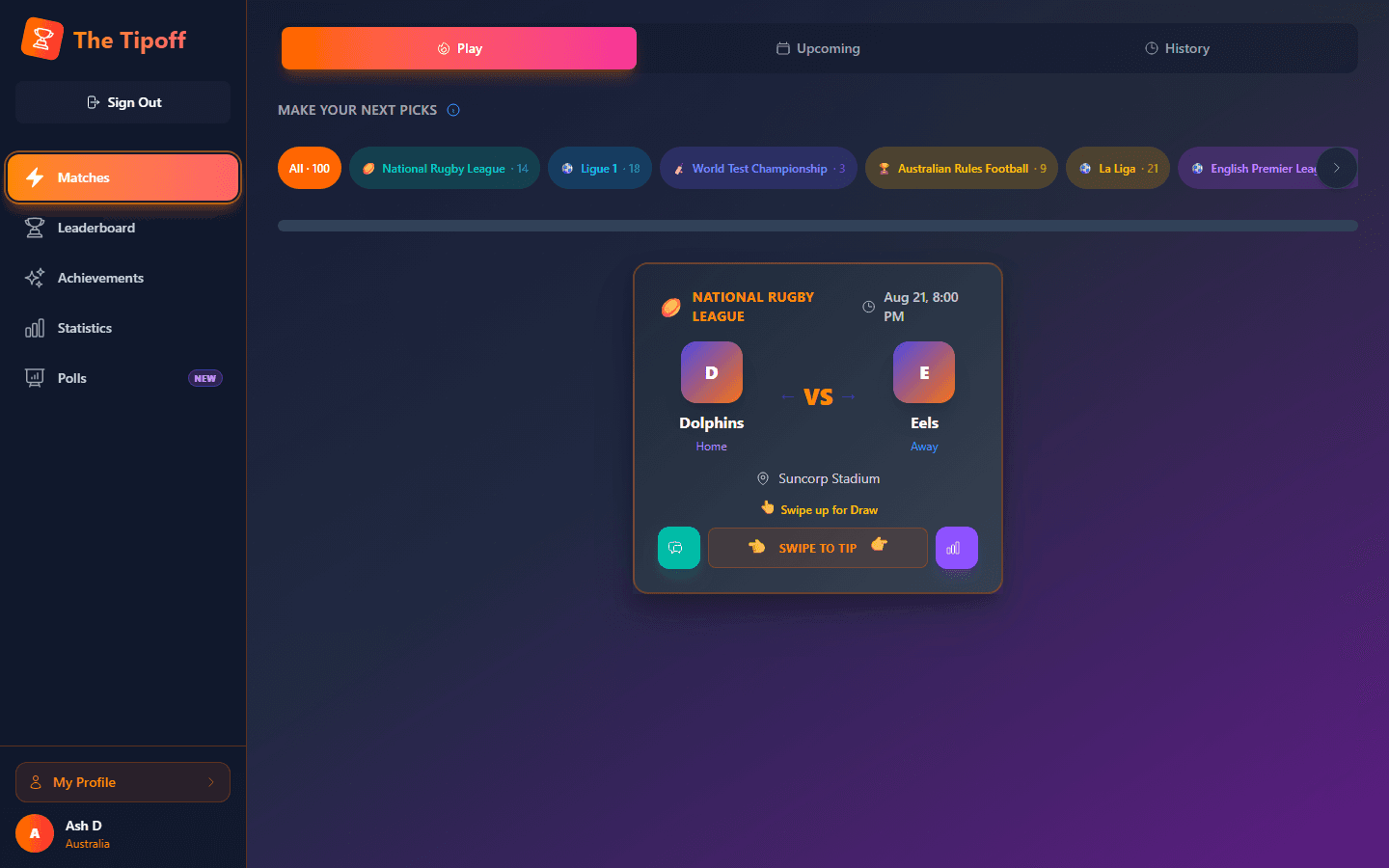 The Tipoff tipping screen showing a match card with team badges and a swipe-to-pick interface
